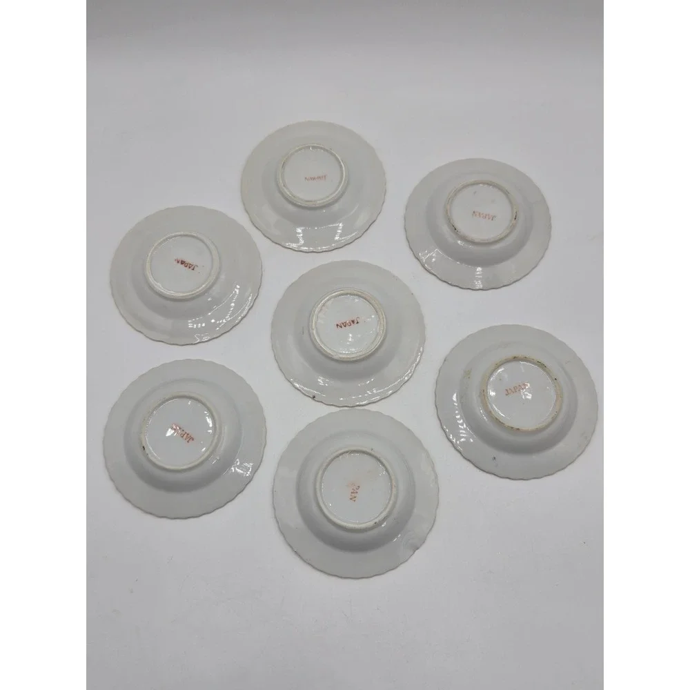 Vintage Set of 7 Porcelain Floral Ashtrays Gold Trim Japan